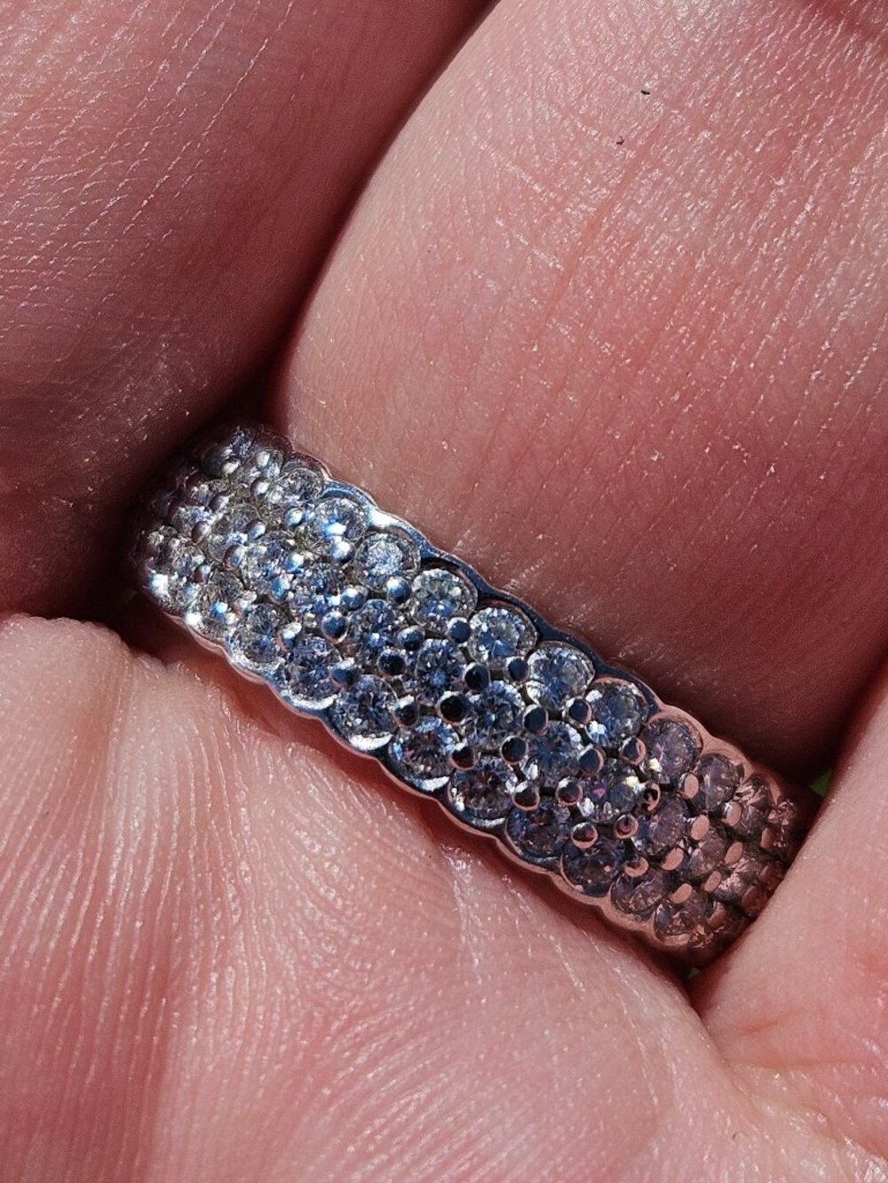Simon G 18K White Gold Diamond Eternity 3 Row Band Ring 6mm Wide Size 8.75